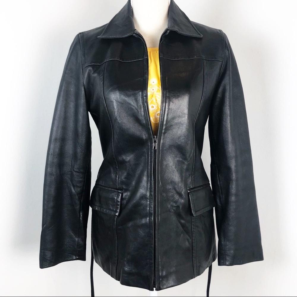 VINTAGE 90s EXPRESS belted zip up leather jacket - Picture 3 of 13